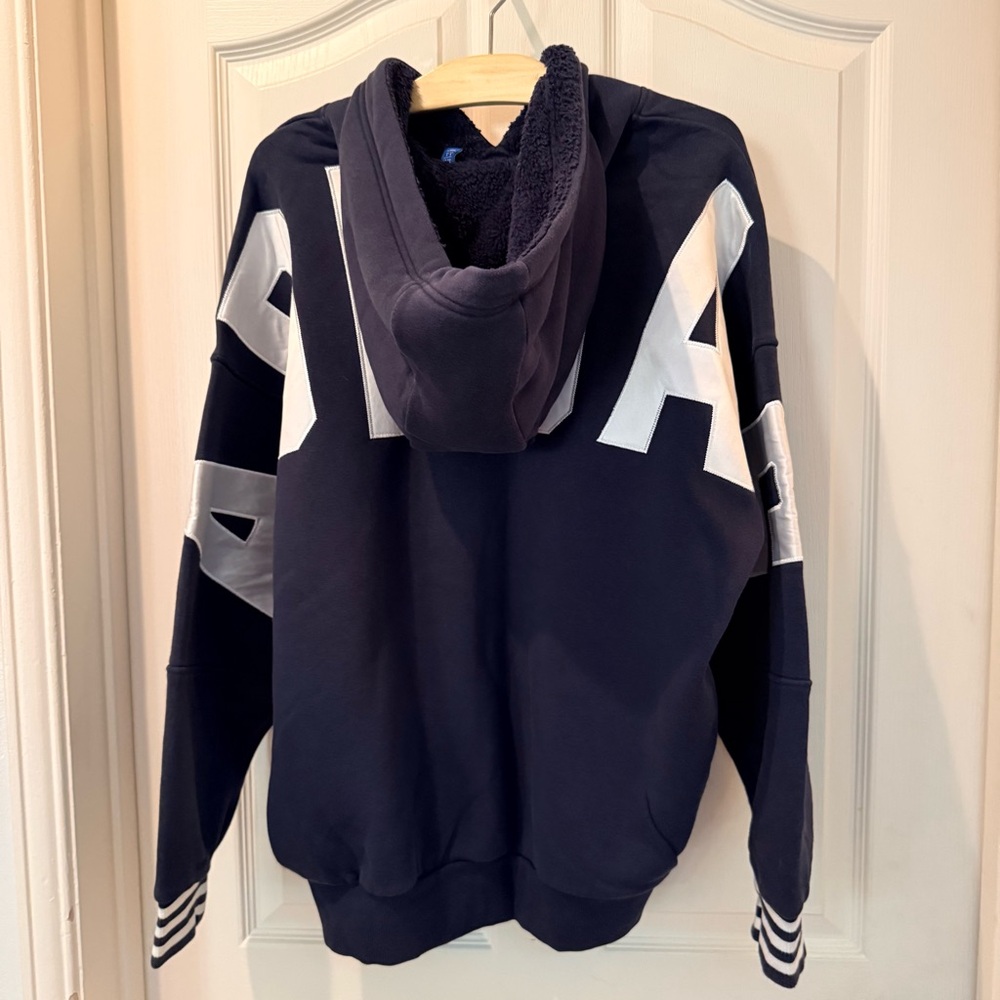 Adidas Men's Original Fuzzy Hoodie Dark Blue with White Arched Logo